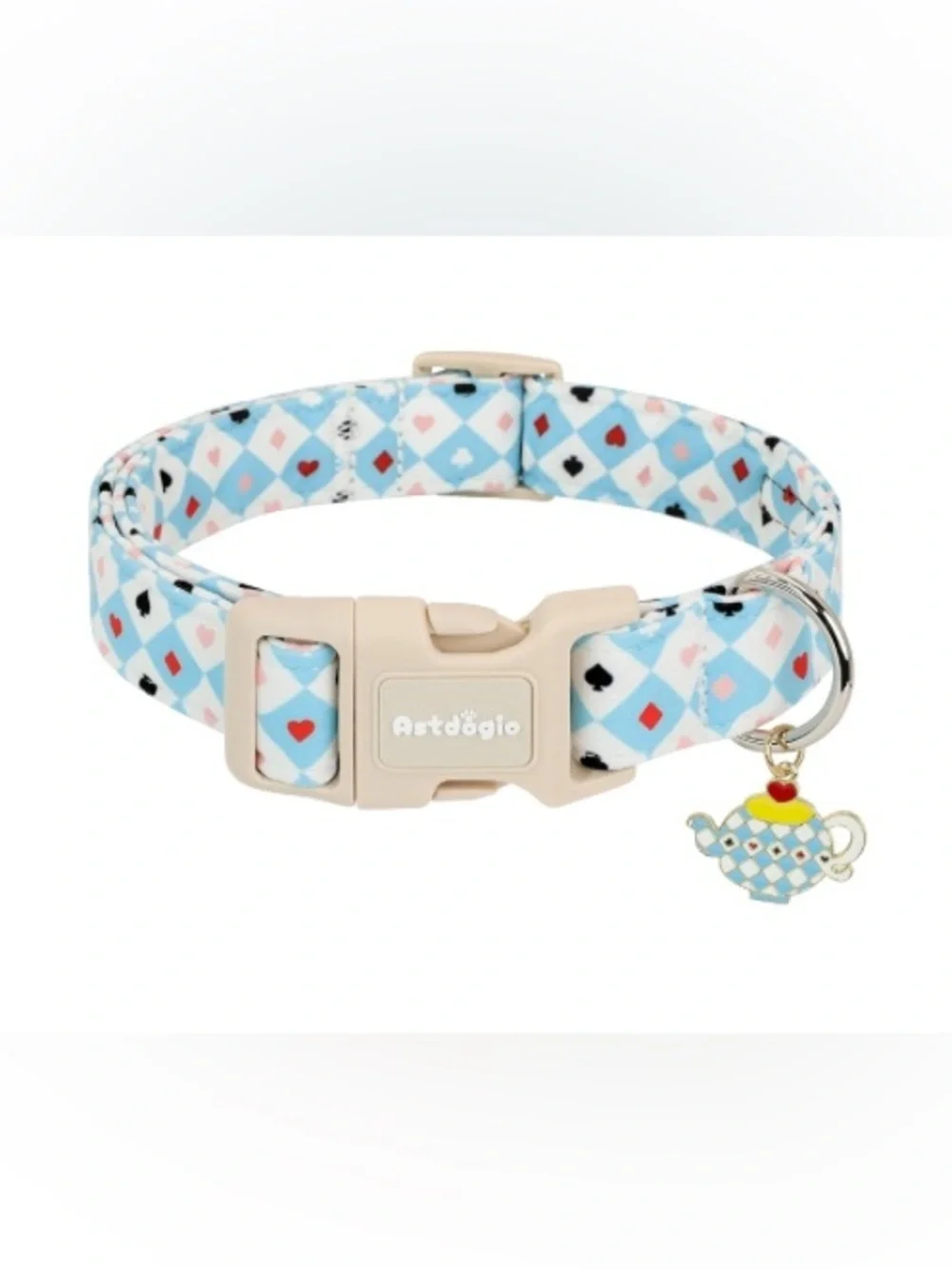 NEW-Small-Blue Diamond Pattern Pet Collar with Teapot Charm